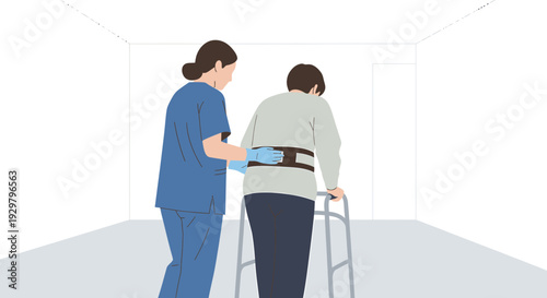 Nurse assisting patient with walker in hospital corridor