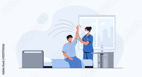 Nurse assists patient with arm rehabilitation in a hospital room
