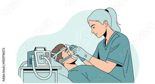 Nurse Attaching CPAP Mask to Patient for Sleep Apnea Treatment in Clinic
