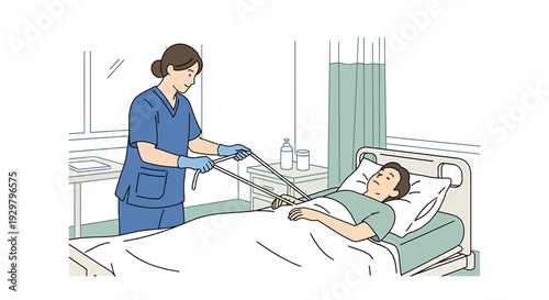 Nurse Attends To Patient In Hospital Bed, Medical Care Illustration