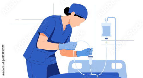 Nurse Attends Patient IV Drip in Hospital Room - Flat Illustration