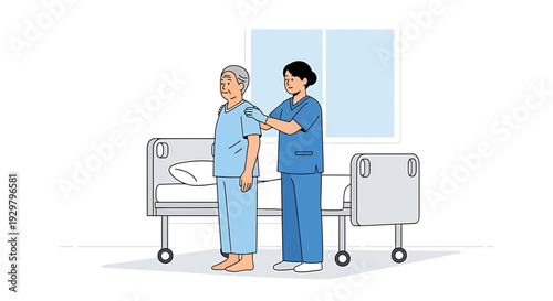 Nurse Assists Elderly Patient Standing Next to Hospital Bed for Rehabilitation