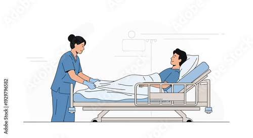 Nurse Caring for Patient in Hospital Bed - Medical Illustration