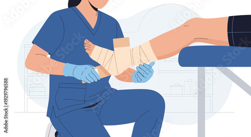 Nurse bandaging patient's injured ankle in clinic, medical care and treatment concept