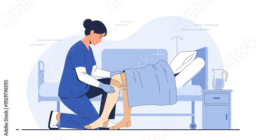 Nurse caring for patient in hospital bed, applying bandage to leg