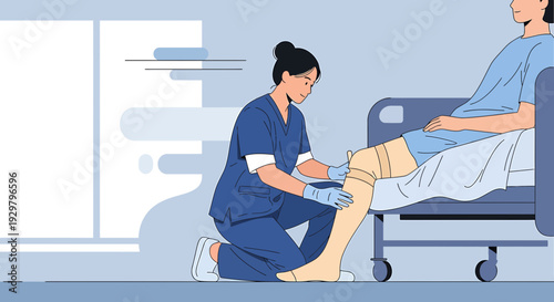 Nurse Caring for Patient in Hospital Bed, Applying Compression Bandage