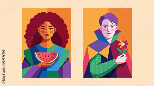 Two vibrant geometric portraits: a woman with watermelon and a man holding flowers in an abstract cubist illustration