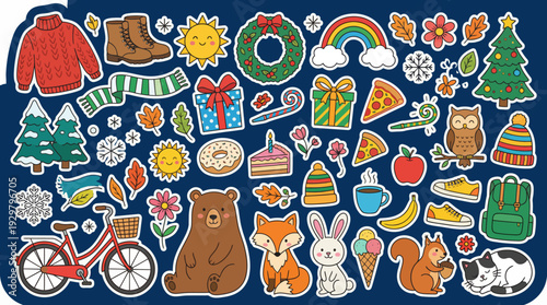 Sticker collection of winter clothing, holiday icons, gifts, trees, animals, and outdoor gear for creative projects
