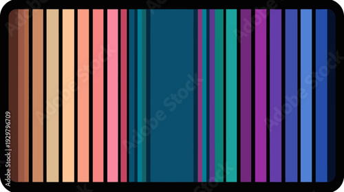 Colorful vertical stripe palette resembling a barcode, showcasing a full spectrum from warm peach to cool purple on a rounded black frame