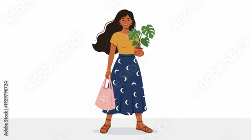 Fashion illustration of a stylish woman in a yellow crop top and blue patterned skirt, holding a monstera leaf and pink bag with tropical summer vibe.