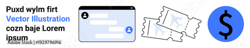 Digital transactions, online booking, financial management, customer support, e-commerce services, payment systems. Chat window, tickets and dollar sign icon. Online booking and payments concept