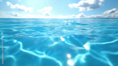 Vibrant blue water shimmering with sunlight, beneath a bright sky and soft clouds
