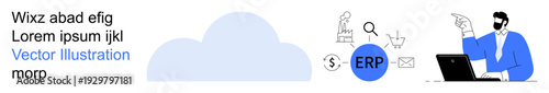 Cloud computing, ERP systems, business management, data organization, workflow optimization, digital solutions. Man working on laptop, cloud icon ERP symbol. Cloud computing and ERP systems concept