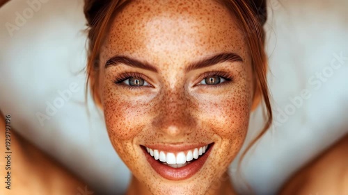 Vibrant close-up of a smiling woman with abundant freckles, bright eyes, and red hair