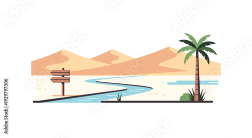 Desert oasis with palm tree and river in minimalist flat art