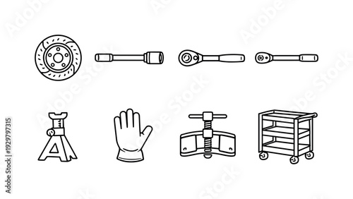 Car brake rotor replacement tools: brake rotor, socket wrench, ratchet, torque wrench, jack stand, protective glove, brake caliper tool, tool cart
