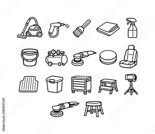 Car interior detailing workshop: vacuum cleaner, steam cleaner, brush, microfiber cloth, spray bottle, bucket, air compressor, polisher, polishing pad