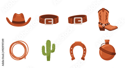 Western cowboy essentials: hat, boots, belt, cactus, lasso, horseshoe, flask icons