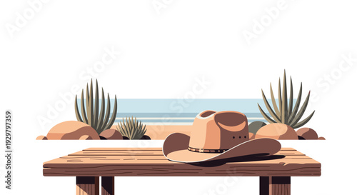Desert scene with cowboy hat on wooden table and cacti background