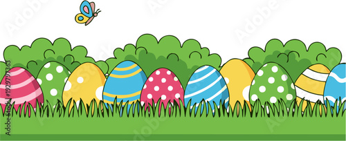 Horizontal easter garden border with hidden eggs and grass vector