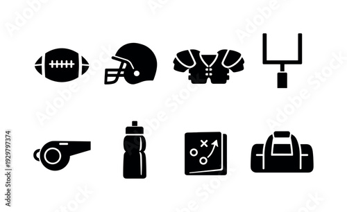 American football equipment: football, helmet, shoulder pad, goal post, referee whistle, water bottle, playbook, sports bag