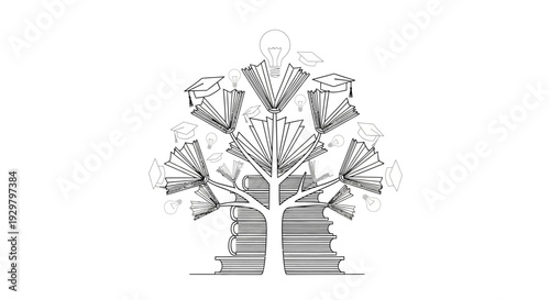 Academic growth and innovation concept with tree of stacked books, open books, graduation caps, and lightbulbs in bright studio
