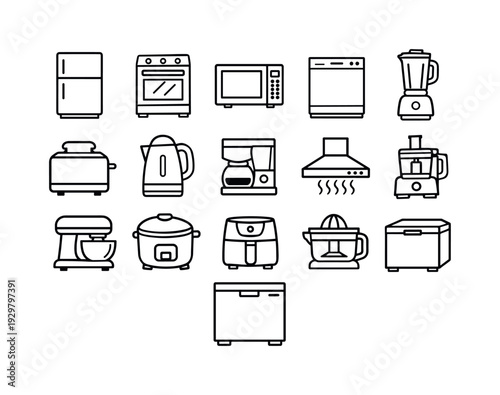 Home kitchen appliances: refrigerator, oven, microwave, dishwasher, blender, toaster, kettle, coffee maker, range hood, food processor, mixer, rice