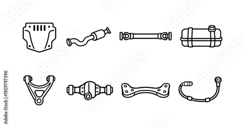 Car underbody parts: skid plate, exhaust pipe, drive shaft, fuel tank, suspension arm, differential, crossmember, brake line