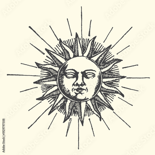 Sun face with rays, vintage celestial illustration, astrological symbol, atmospheric element, antique drawing