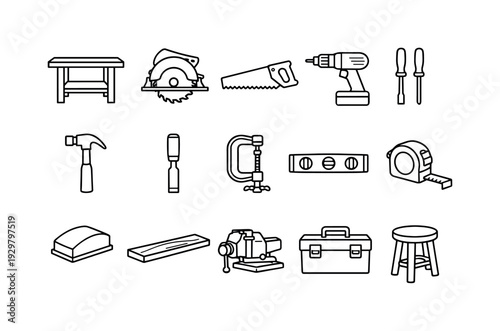 Home woodworking corner: workbench, circular saw, hand saw, drill, screwdriver, hammer, chisel, clamp, level, tape measure, sanding block, wood plank