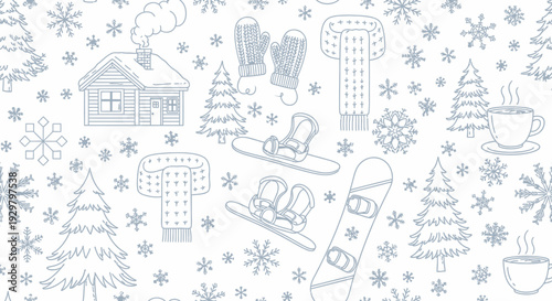 Seamless winter holiday pattern with snow elements, cabin, and winter sports equipment on light background
