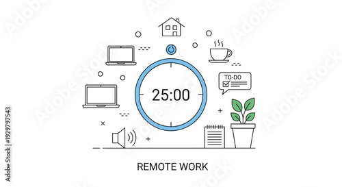 Remote Work Concept Illustration with Laptop and Pomodoro Timer, Work From Home Productivity Scene in Bright Studio.