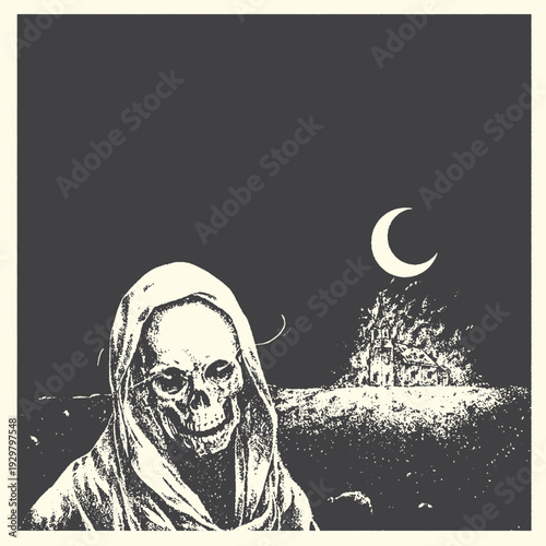 Grim reaper skeleton figure in hooded robe in dark night with burning house and moon, spooky Halloween scene