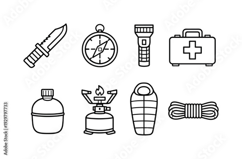 Camping survival gear: survival knife, compass, flashlight, first aid kit, water canteen, camping stove, sleeping bag, rope coil