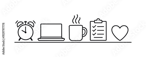 Healthy work routine and productivity rhythm balancing focused effort with regular breaks to maintain energy and long-term performance, alarm clock