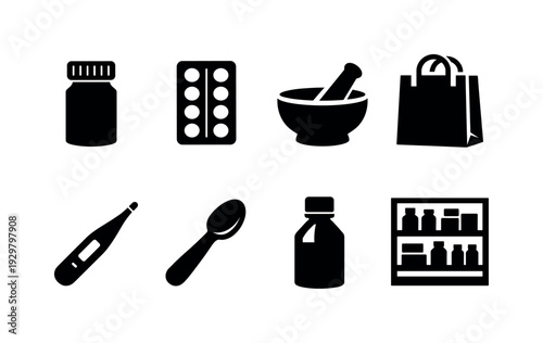 Pharmacy items: pill bottle, blister pack, mortar and pestle, prescription bag, thermometer, medicine spoon, cough syrup bottle, pharmacy shelf