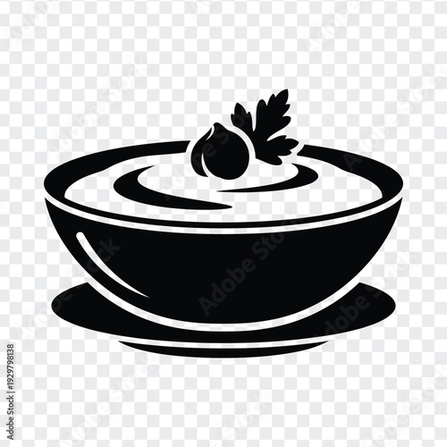 Black and white illustration of a bowl of yogurt with a leafy garnish on top