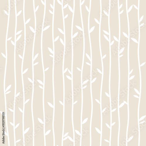 Neutral beige seamless pattern with vertical white leaf branches in scandinavian style. Boho botanical background for organic, wellness and spa branding, minimalist bamboo stalks design. Vector.