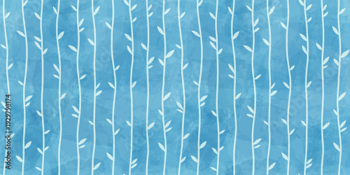 Seamless floral watercolor pattern with white vertical bamboo on bright blue background. Botanical stripes wallpaper for summer textile, wrapping paper, or greeting cards. Vector illustration.