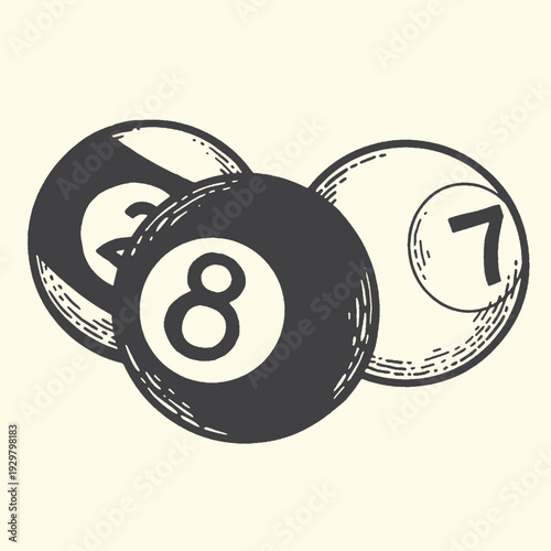 Retro billiard balls, including the 8-ball, in a vintage illustration style with a textured, graphic look on a cream background.