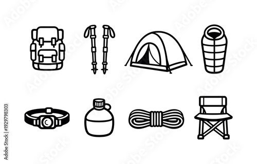 Camping river trek gear: backpack, trekking poles, camping tent, sleeping bag, headlamp, water canteen, rope coil, folding chair