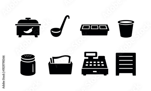 Chili stand equipment: chili warmer, ladle, ingredient tray, paper cup, topping jar, napkin holder, cash register, menu board