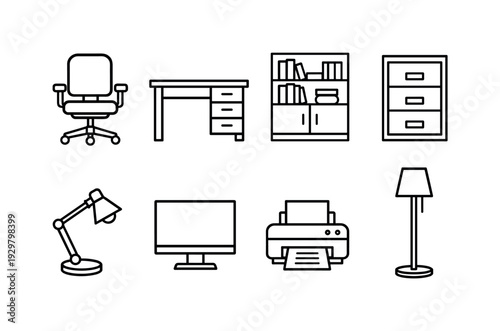 Home office furniture: office chair, desk, bookshelf, filing cabinet, desk lamp, monitor, printer, floor lamp