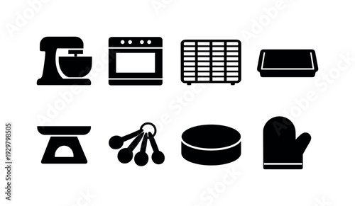 Home baking appliances: stand mixer, oven, cooling rack, baking tray, kitchen scale, measuring spoon, cake pan, oven mitt