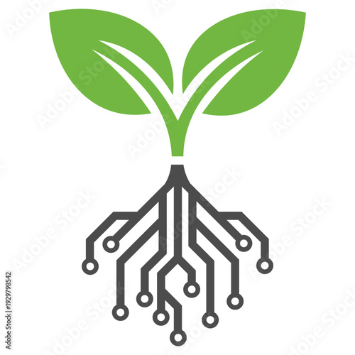 Green sprout with digital roots symbolizing technology and nature integration