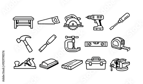 Home workshop woodworking tools: workbench, hand saw, circular saw, drill, screwdriver, hammer, chisel, clamp, level, tape measure, wood plane