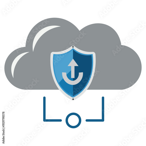 Cloud security shield with upload arrow and network connection icon