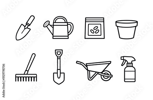 Garden vegetable growing tools: garden trowel, watering can, seed packet, plant pot, rake, shovel, wheelbarrow, spray bottle