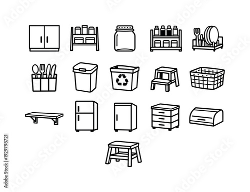 Home kitchen storage items: kitchen cabinet, pantry shelf, storage jar, spice rack, dish rack, cutlery holder, trash bin, recycling bin, step stool