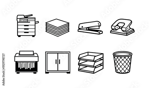 Office copy room equipment: photocopier, paper stack, stapler, hole punch, shredder, storage cabinet, document tray, trash bin